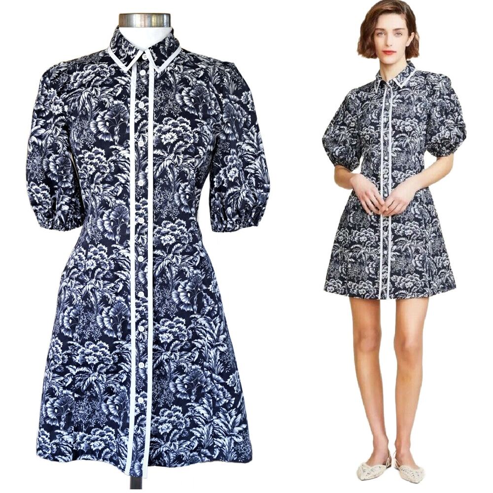 Lela Rose PEARL Floral Poplin A-line Mini Dress Size 2 Navy Blue Puff Sleeve